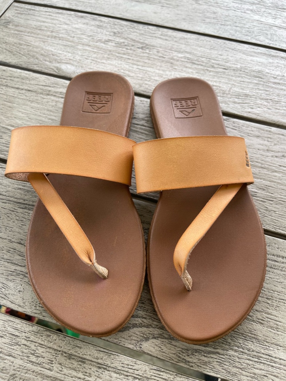 Reef Bounce Sol Tan Leather Slide Thong Sandals with Wide Strap Womens Size 9